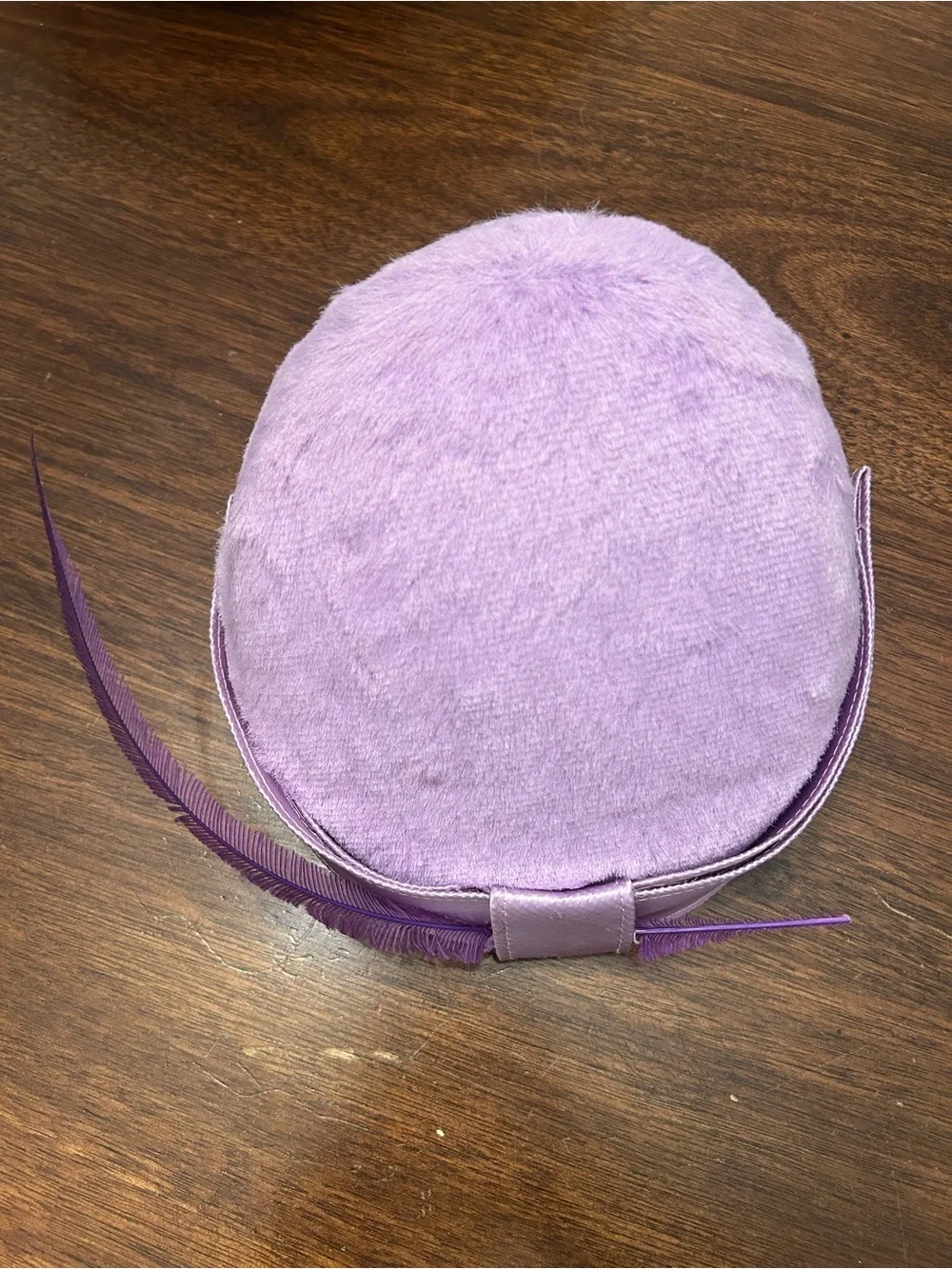 Vintage Lavender Felt Pillbox Hat with Feather Trim